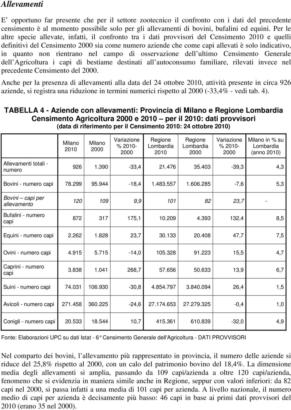 in quanto non rientrano nel campo di osservazione dell ultimo Censimento Generale dell Agricoltura i capi di bestiame destinati all autoconsumo familiare, rilevati invece nel precedente Censimento