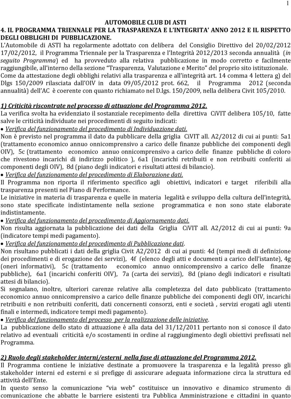 seguito Programma) ed ha provveduto alla relativa pubblicazione in modo corretto e facilmente raggiungibile, all interno della sezione Trasparenza, Valutazione e Merito del proprio sito istituzionale.