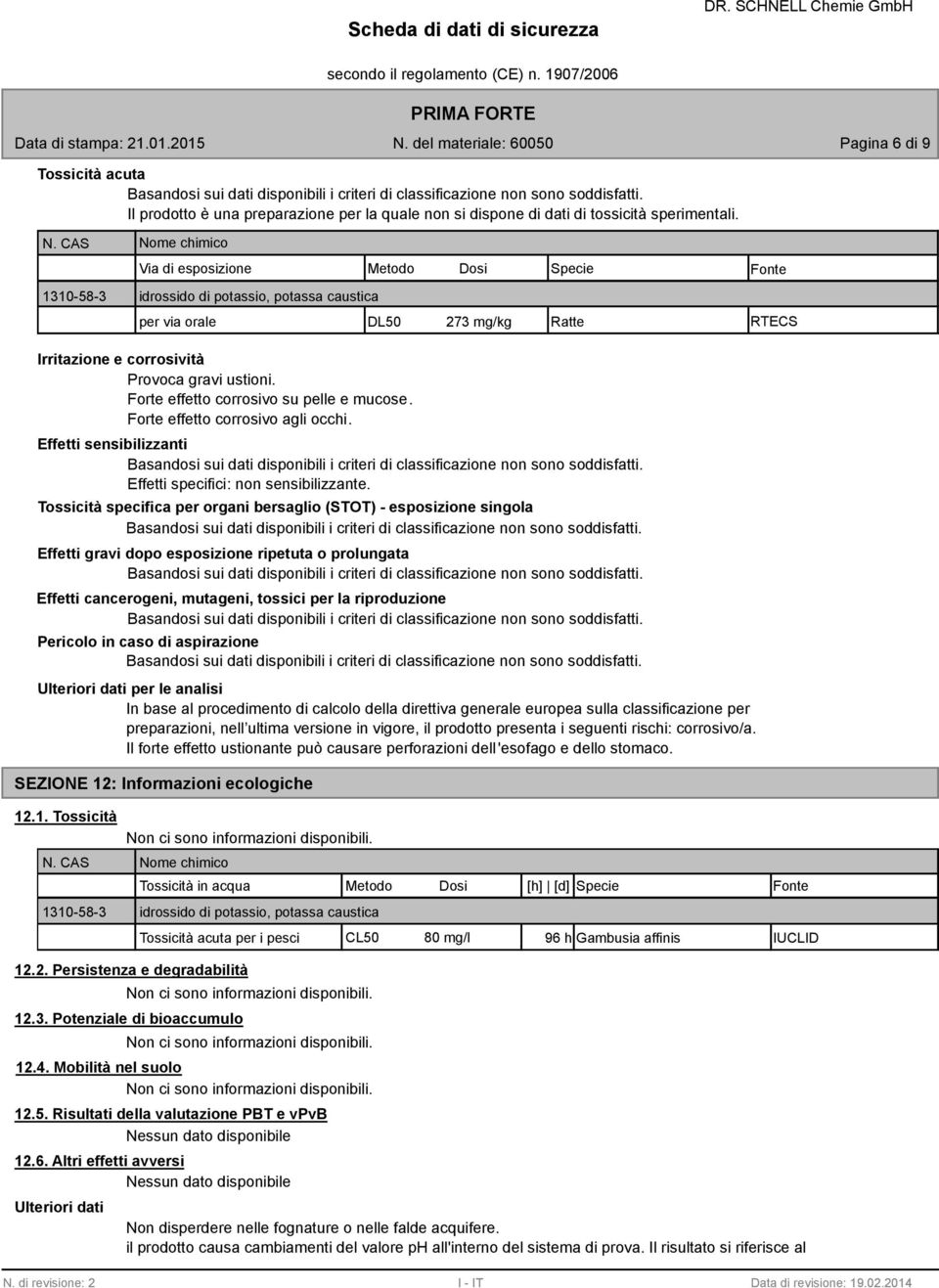 Forte effetto corrosivo su pelle e mucose. Forte effetto corrosivo agli occhi. Effetti sensibilizzanti Effetti specifici: non sensibilizzante.