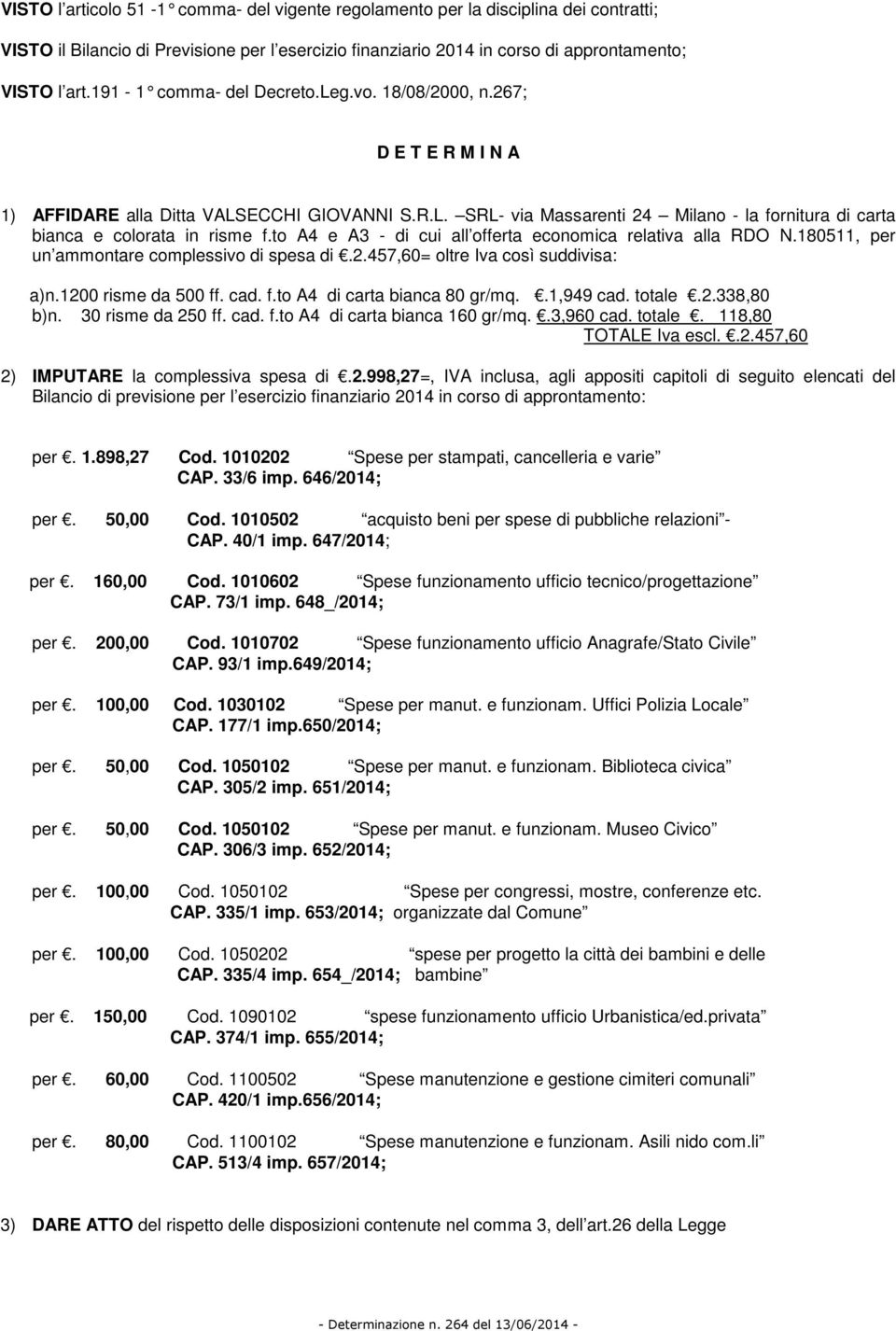 to A4 e A3 - di cui all offerta economica relativa alla RDO N.180511, per un ammontare complessivo di spesa di.2.457,60= oltre Iva così suddivisa: a)n.1200 risme da 500 ff