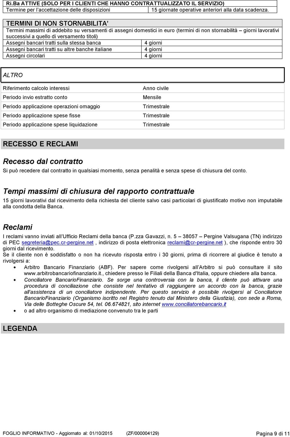 bancari tratti sulla stessa banca Assegni bancari tratti su altre banche italiane Assegni circolari 4 giorni 4 giorni 4 giorni ALTRO Riferimento calcolo interessi Periodo invio estratto conto Periodo