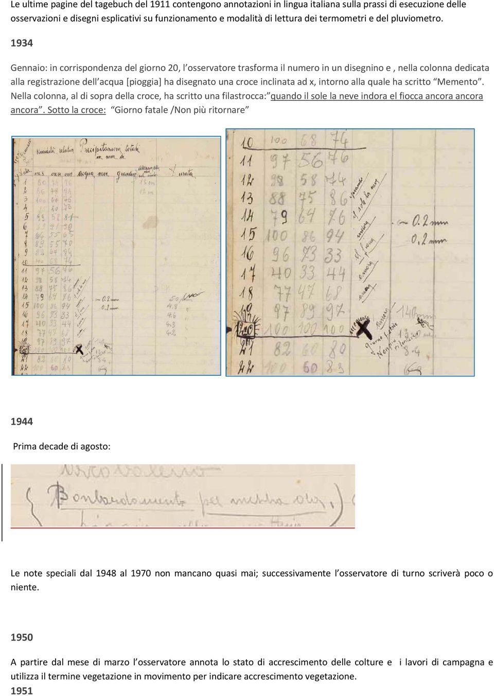 1934 Gennaio: in corrispondenza del giorno 20, l osservatore trasforma il numero in un disegnino e, nella colonna dedicata alla registrazione dell acqua [pioggia] ha disegnato una croce inclinata ad