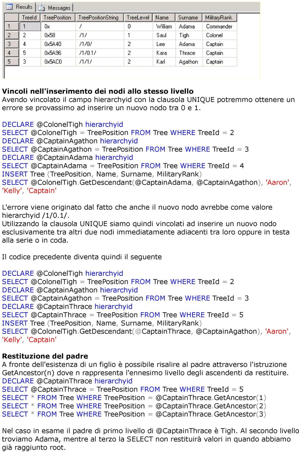 GetDescendant(@CaptainAdama, @CaptainAgathon), 'Aaron', 'Kelly', 'Captain' L'errore viene originato dal fatto che anche il nuovo nodo avrebbe come valore hierarchyid /1/0