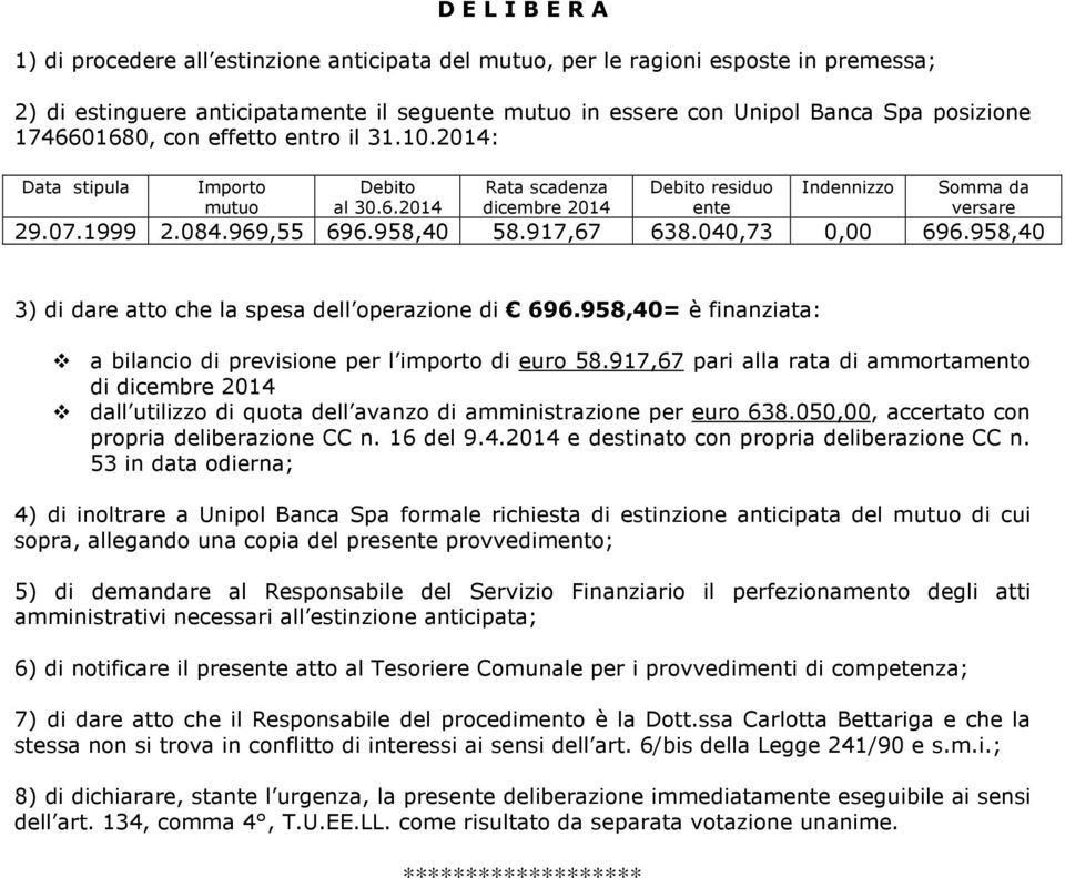 958,40 58.917,67 638.040,73 0,00 696.958,40 3) di dare atto che la spesa dell operazione di 696.958,40= è finanziata: a bilancio di previsione per l importo di euro 58.