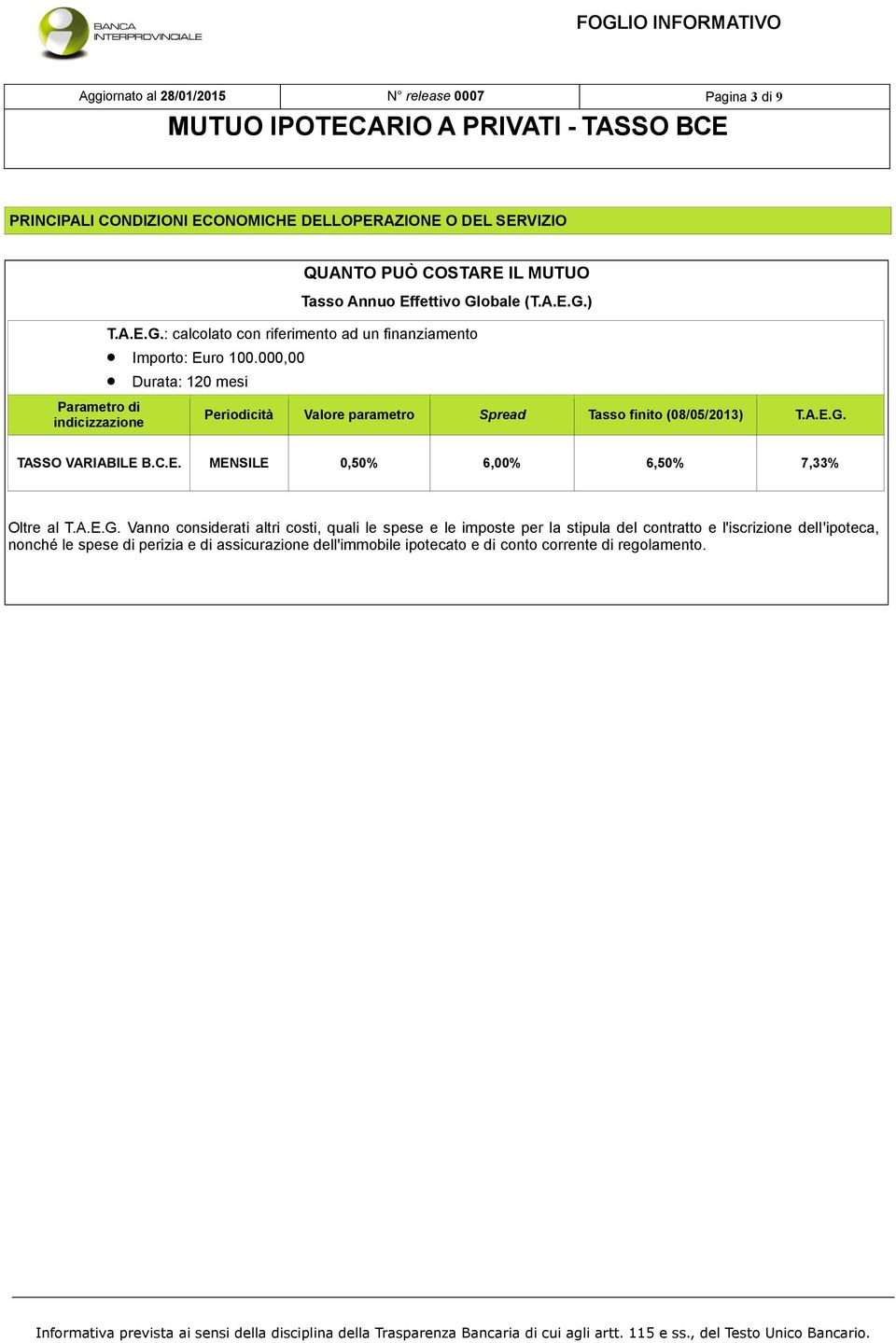 000,00 Durata: 120 mesi Periodicità Valore parametro Spread Tasso finito (08/05/2013) T.A.E.G.