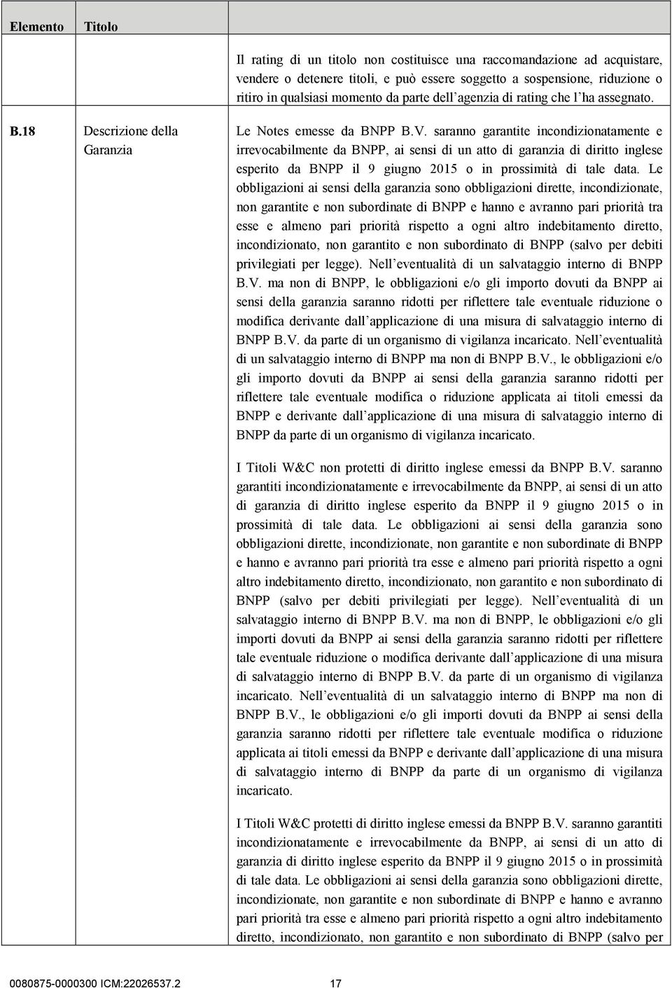 saranno garantite incondizionatamente e irrevocabilmente da BNPP, ai sensi di un atto di garanzia di diritto inglese esperito da BNPP il 9 giugno 2015 o in prossimità di tale data.