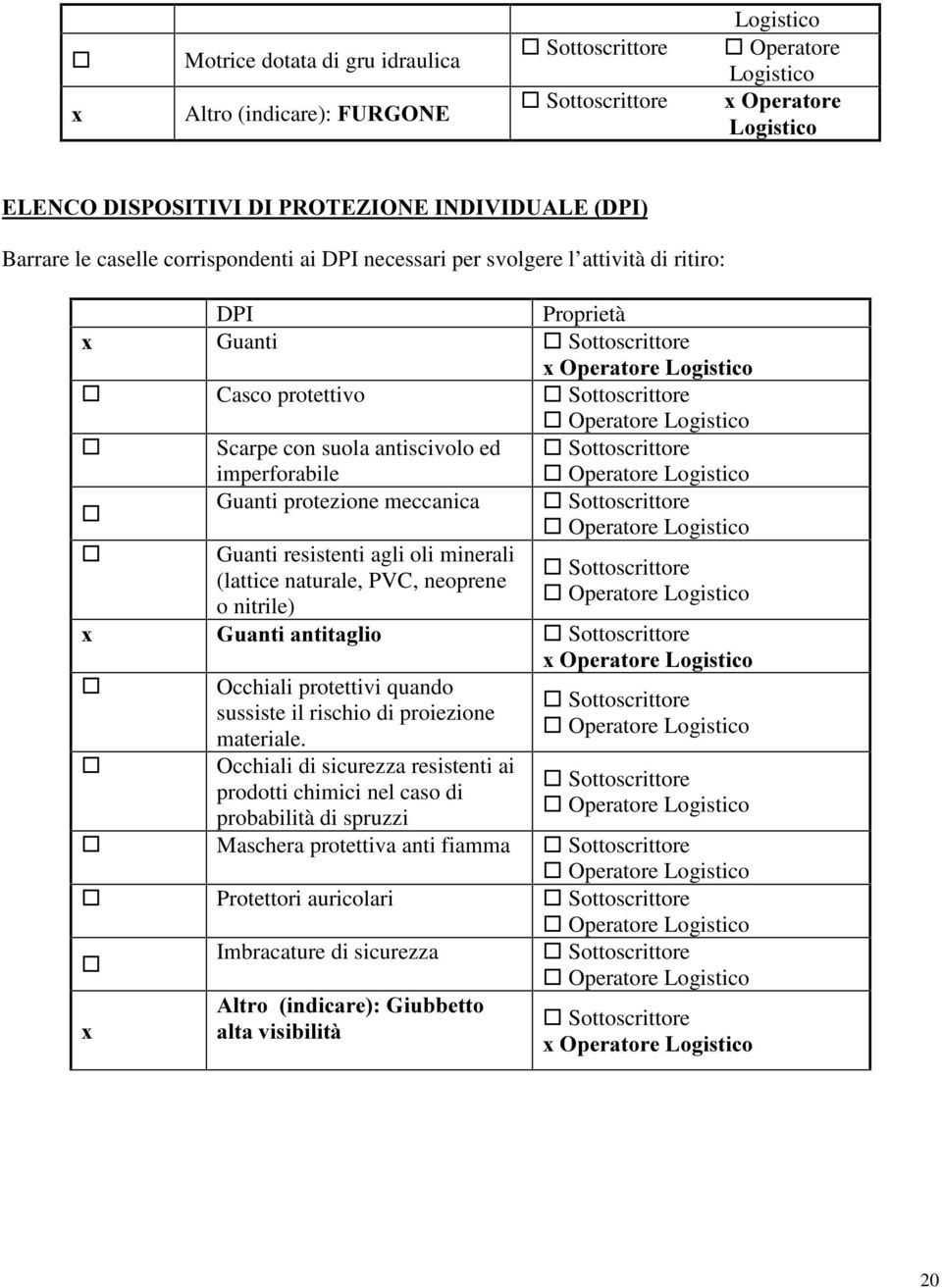 Sottoscrittore Operatore Guanti protezione meccanica Sottoscrittore Operatore Guanti resistenti agli oli minerali (lattice naturale, PVC, neoprene o nitrile) Sottoscrittore Operatore *XDQWLDQWLWDJOLR