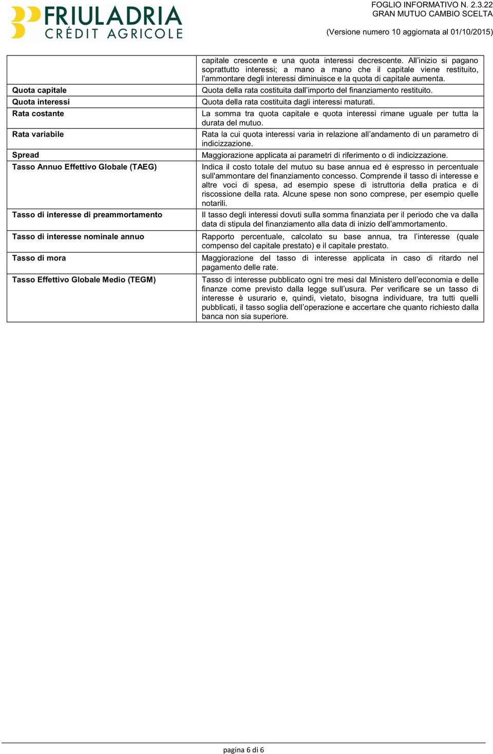 preammortamento Tasso di interesse nominale annuo Tasso di mora Tasso Effettivo Globale Medio (TEGM) soprattutto interessi; a mano a mano che il capitale viene restituito, l'ammontare degli interessi