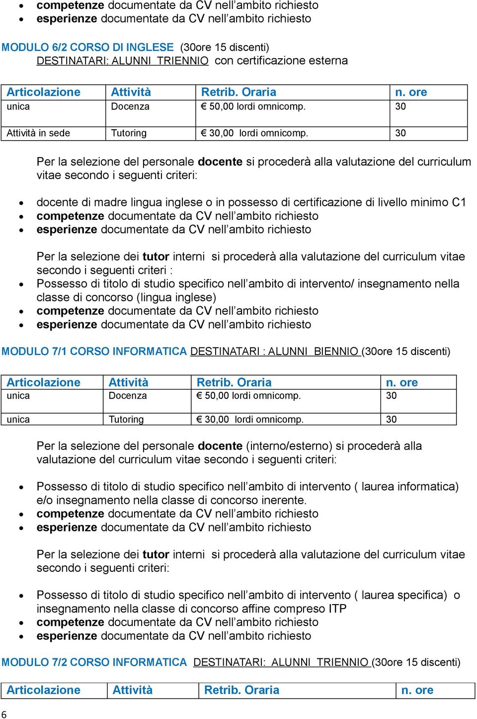 criteri : Possesso di titolo di studio specifico nell ambito di intervento/ insegnamento nella classe di concorso (lingua inglese) MODULO 7/1 CORSO INFORMATICA DESTINATARI : ALUNNI BIENNIO (30ore 15