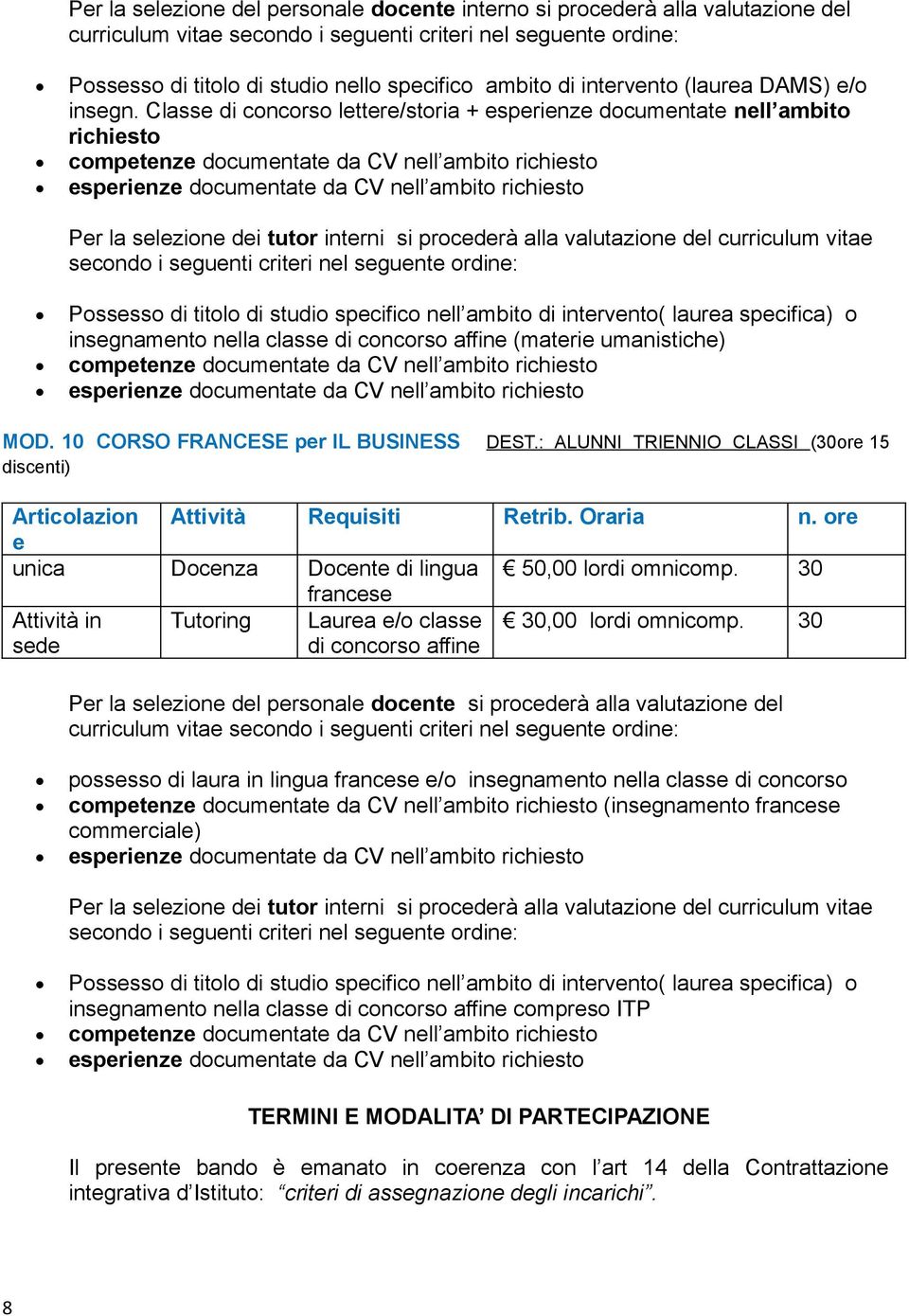 concorso affine (materie umanistiche) MOD. 10 CORSO FRANCESE per IL BUSINESS DEST.: ALUNNI TRIENNIO CLASSI (30ore 15 discenti) Articolazion Attività Requisiti Retrib. Oraria n.