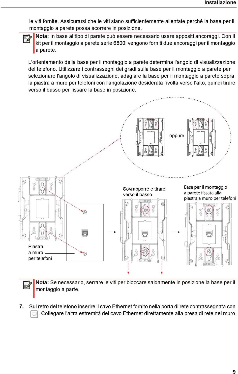 L'orientamento della base per il montaggio a parete determina l'angolo di visualizzazione del telefono.