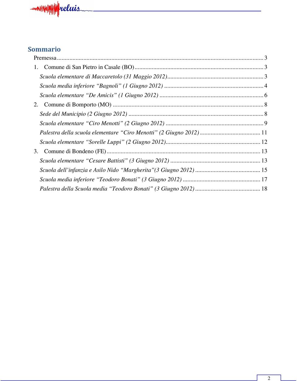 .. 9 Palestra della scuola elementare Ciro Menotti (2 Giugno 2012)... 11 Scuola elementare Sorelle Luppi (2 Giugno 2012)... 12 3. Comune di Bondeno (FE).