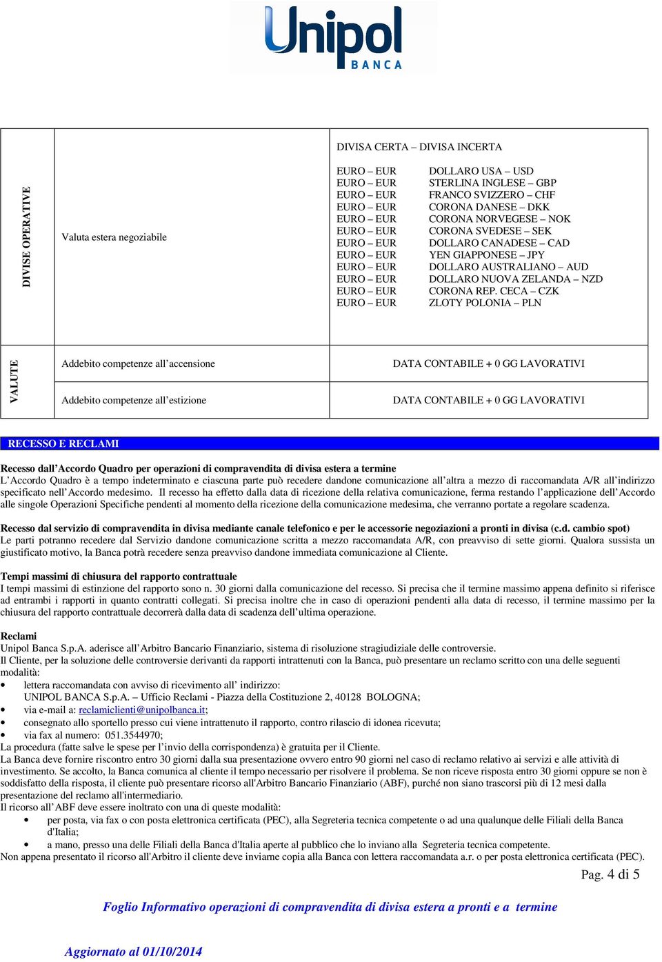 CECA CZK ZLOTY POLONIA PLN VALUTE Addebito competenze all accensione Addebito competenze all estizione DATA CONTABILE + 0 GG LAVORATIVI DATA CONTABILE + 0 GG LAVORATIVI RECESSO E RECLAMI Recesso dall