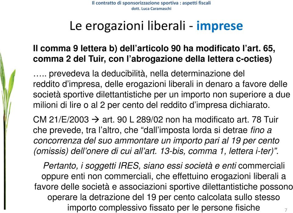 milioni i di lire o al 2 per cento del reddito d impresa dichiarato. CM 21/E/2003 art. 90 L 289/02 non ha modificato art.