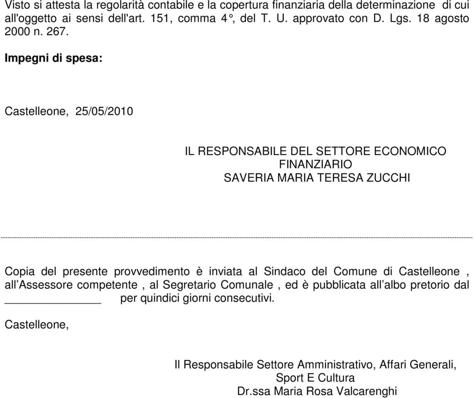 Impegni di spesa: Castelleone, 25/05/2010 IL RESPONSABILE DEL SETTORE ECONOMICO FINANZIARIO SAVERIA MARIA TERESA ZUCCHI Copia del presente provvedimento è