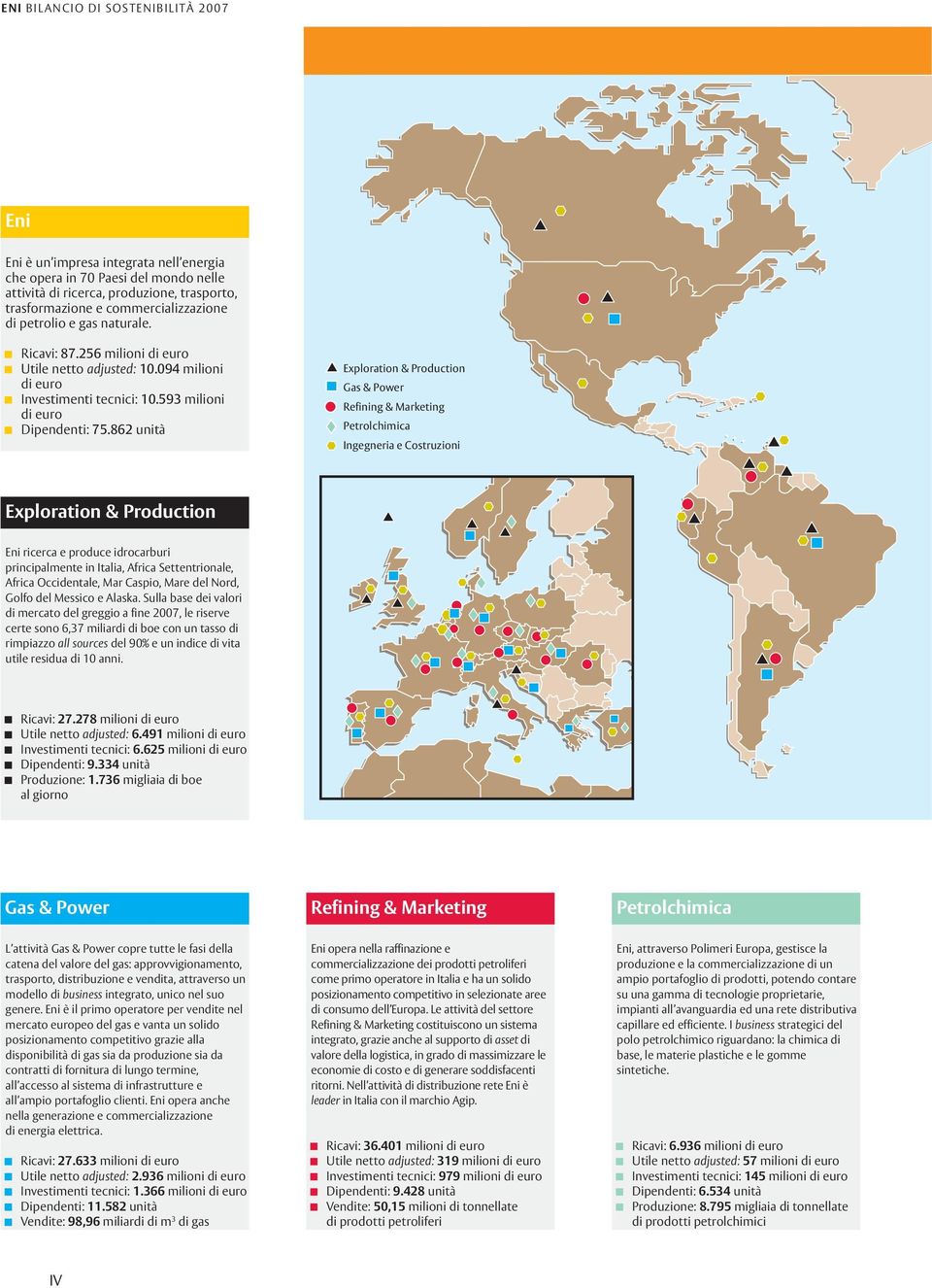 862 unità Exploration & Production Gas & Power Refining & Marketing Petrolchimica Ingegneria e Costruzioni Exploration & Production Eni ricerca e produce idrocarburi principalmente in Italia, Africa