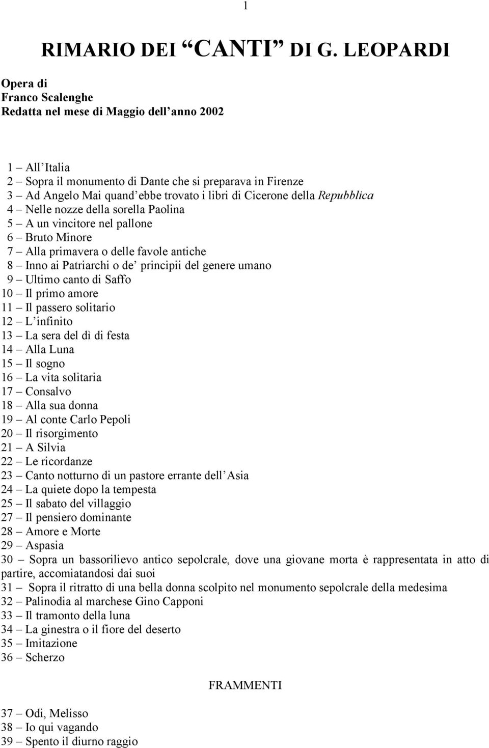 Cicerone della Repubblica 4 Nelle nozze della sorella Paolina 5 A un vincitore nel pallone 6 Bruto Minore 7 Alla primavera o delle favole antiche 8 Inno ai Patriarchi o de principii del genere umano