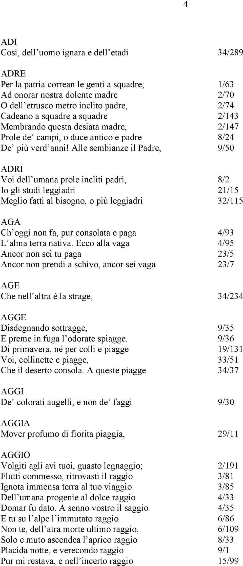 Alle sembianze il Padre, 9/50 ADRI Voi dell umana prole incliti padri, 8/2 Io gli studi leggiadri 21/15 Meglio fatti al bisogno, o più leggiadri 32/115 AGA Ch oggi non fa, pur consolata e paga 4/93 L