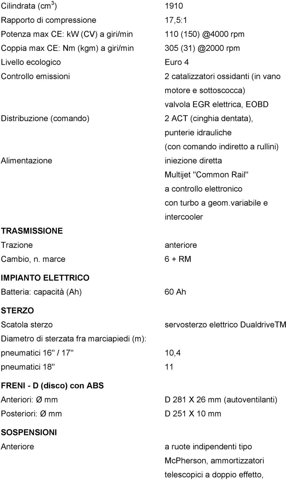 Alimentazione iniezione diretta Multijet "Common Rail" a controllo elettronico con turbo a geom.variabile e intercooler TRASMISSIONE Trazione anteriore Cambio, n.