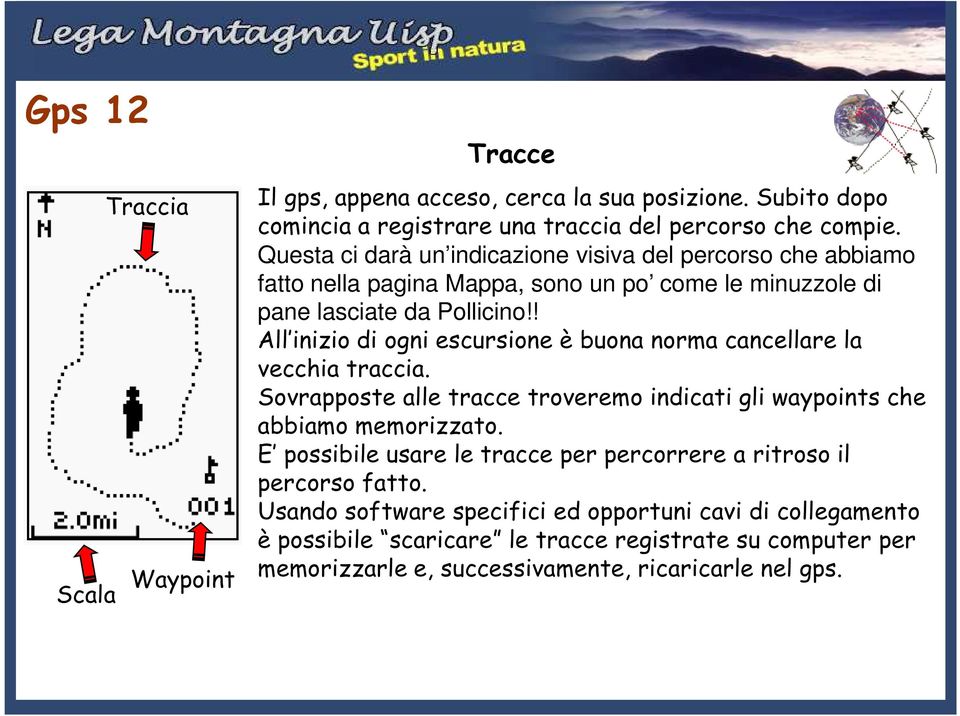 ! All inizio di ogni escursione è buona norma cancellare la vecchia traccia. Sovrapposte alle tracce troveremo indicati gli waypoints che abbiamo memorizzato.