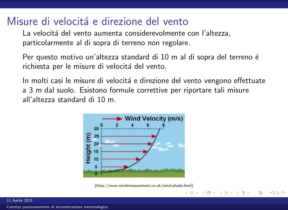 Per questo motivo un altezza standard di 10 m al di sopra del terreno é richiesta per le misure di velocitá del vento.