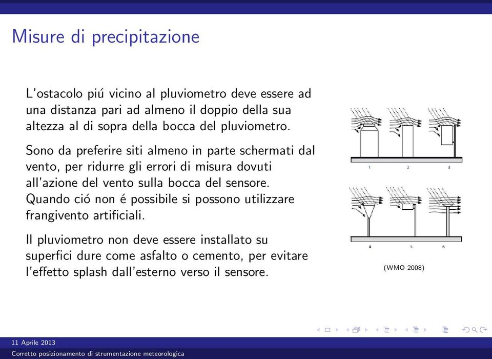 Sono da preferire siti almeno in parte schermati dal vento, per ridurre gli errori di misura dovuti all azione del vento sulla bocca del