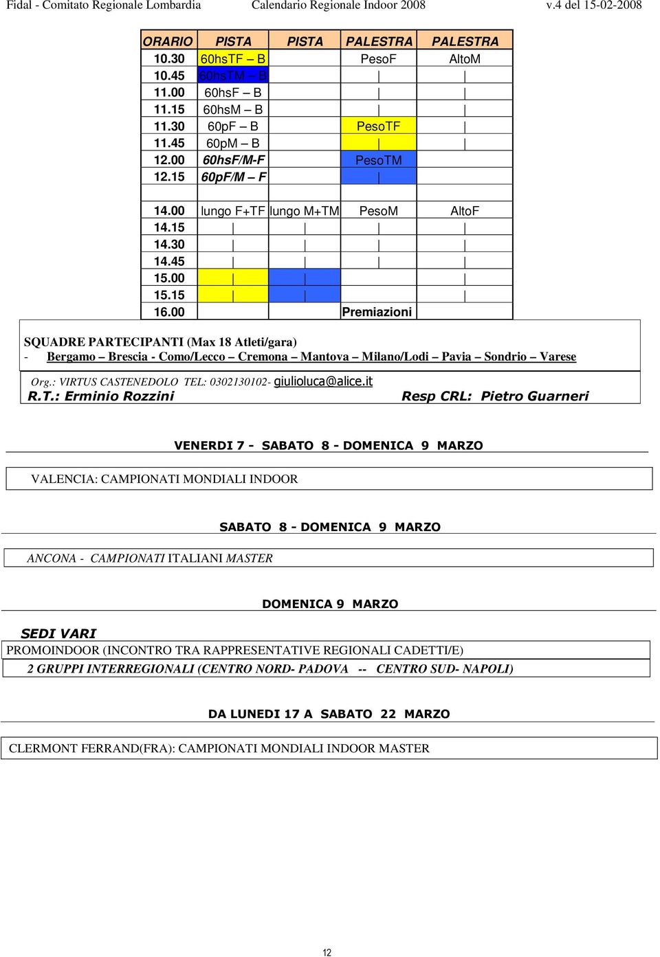 00 Premiazioni SQUADRE PARTECIPANTI (Max 18 Atleti/gara) - Bergamo Brescia - Como/Lecco Cremona Mantova Milano/Lodi Pavia Sondrio Varese Org.