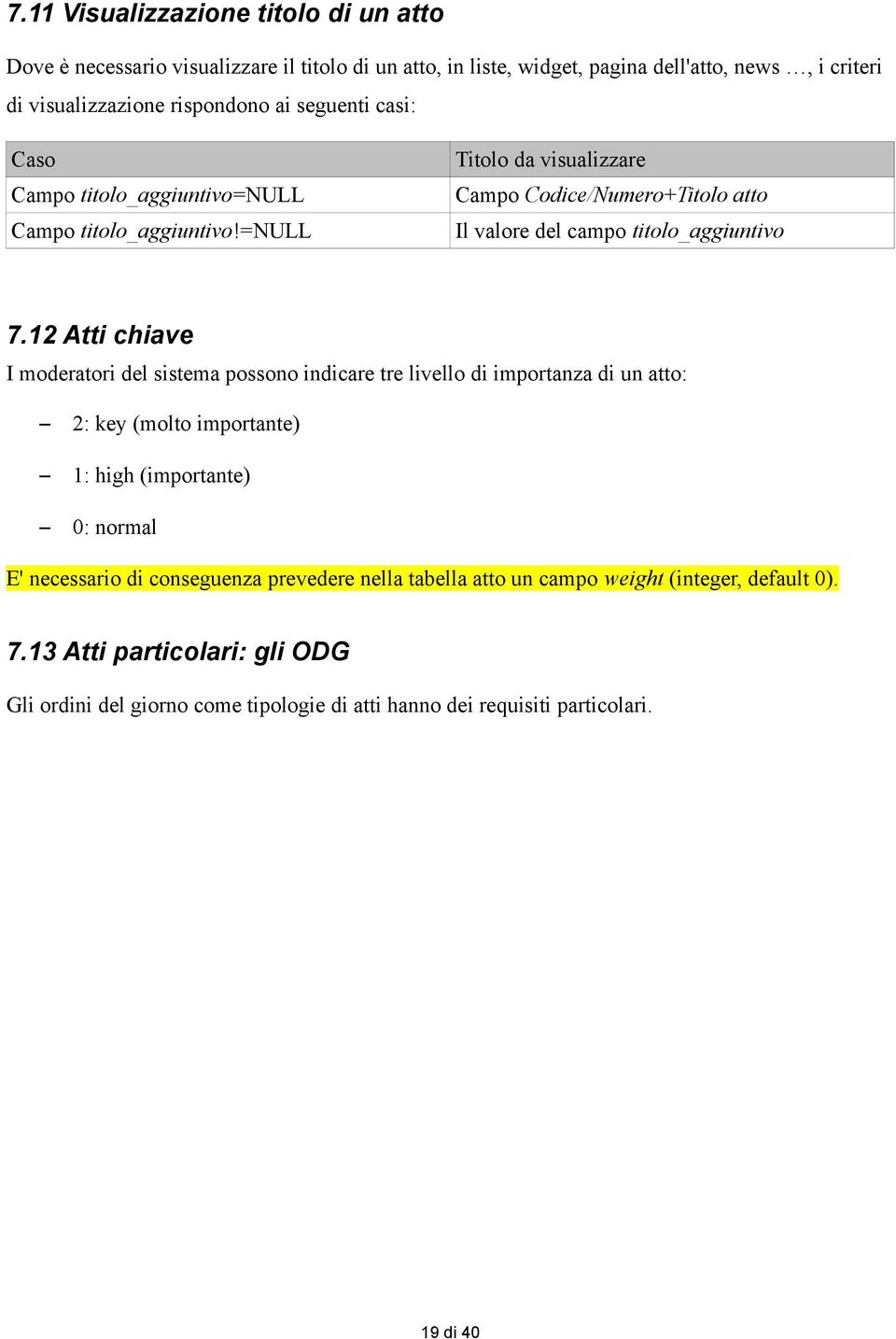 12 Atti chiave I moderatori del sistema possono indicare tre livello di importanza di un atto: 2: key (molto importante) 1: high (importante) 0: normal E' necessario di