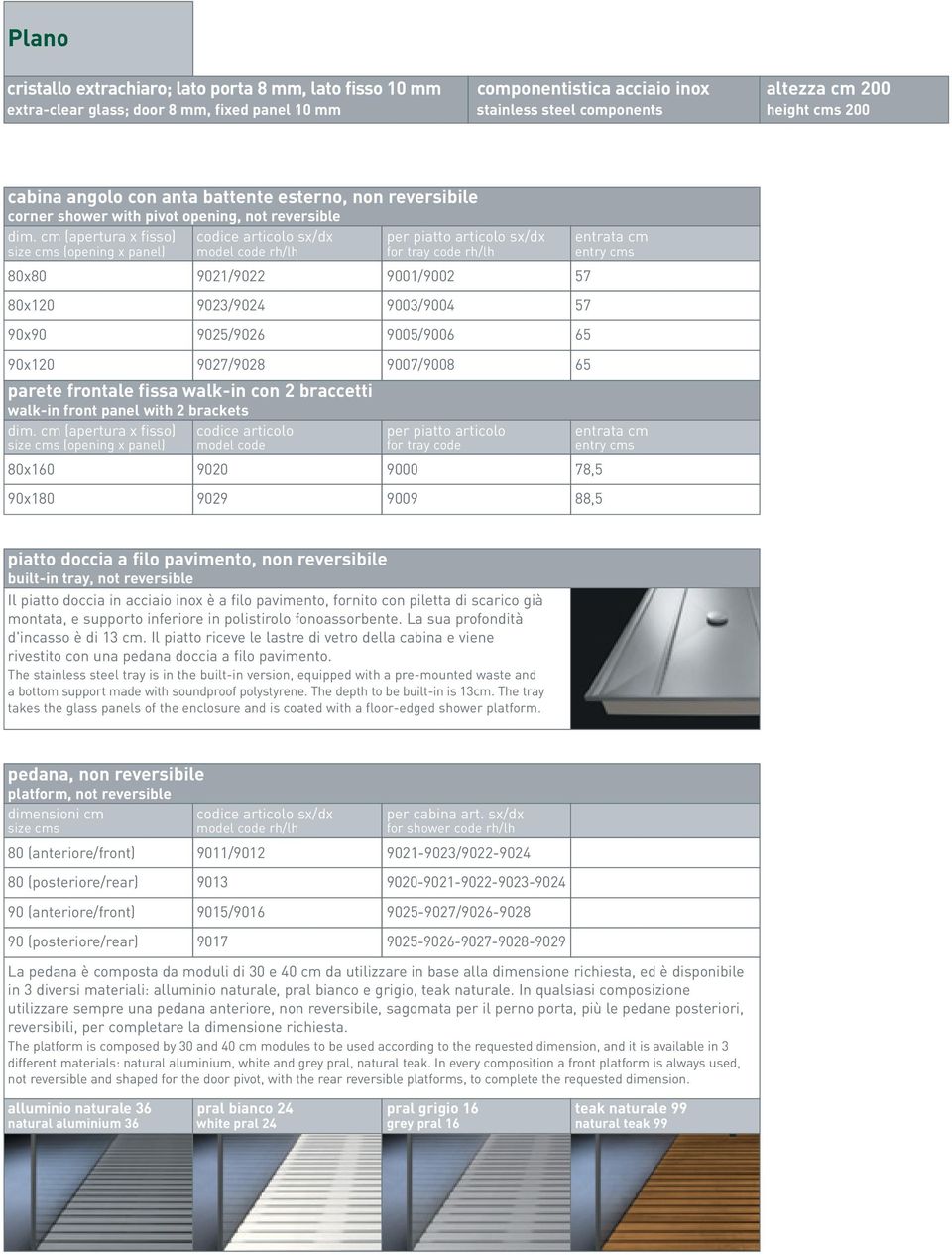 cm (apertura x fisso) codice articolo sx/dx per piatto articolo sx/dx entrata cm size cms (opening x panel) model code rh/lh for tray code rh/lh entry cms 80x80 9021/9022 9001/9002 57 80x120