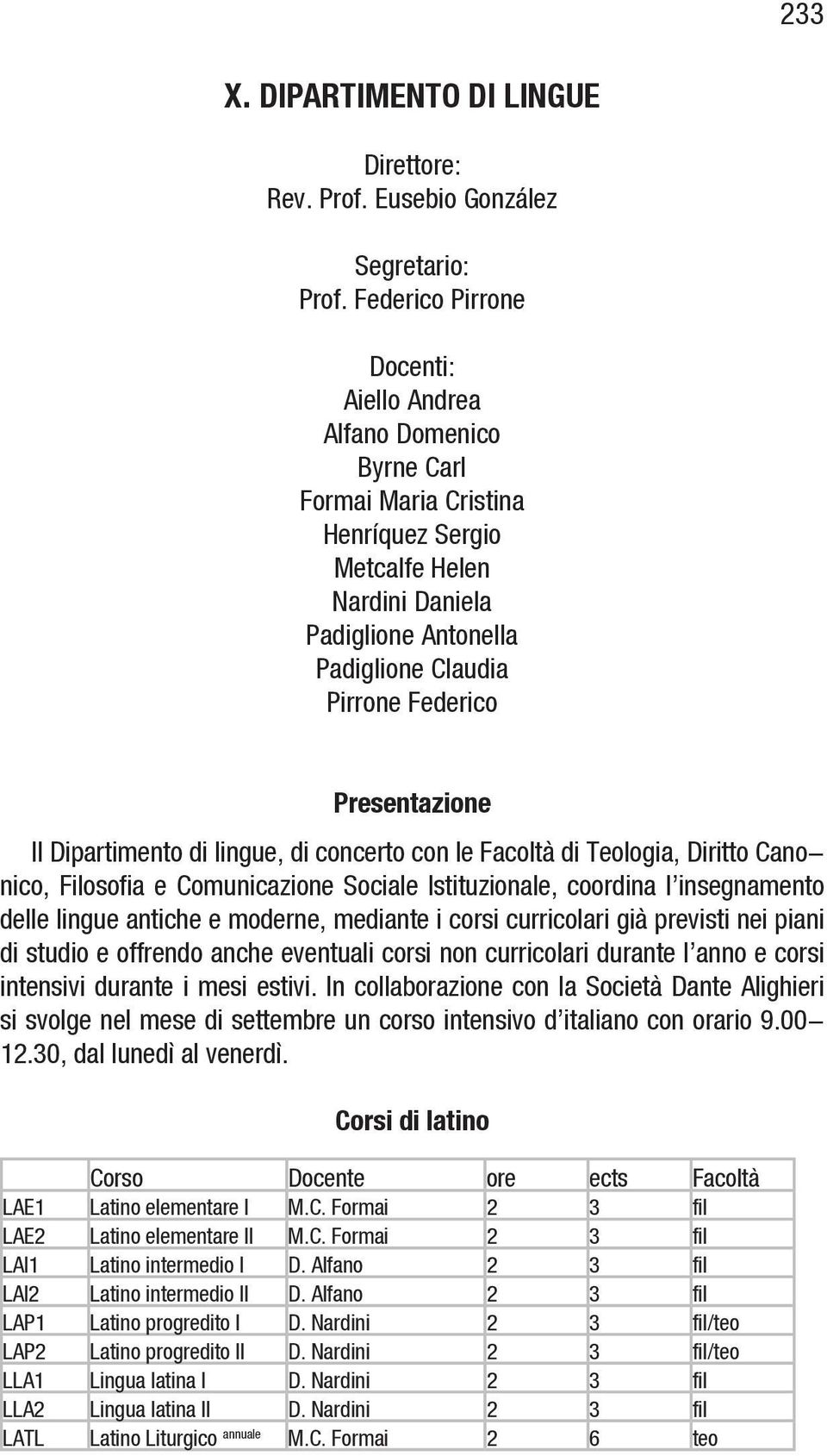 Presentazione Il Dipartimento di lingue, di concerto con le Facoltà di Teologia, Diritto Canonico, Filosofia e Comunicazione Sociale Istituzionale, coordina l insegnamento delle lingue antiche e