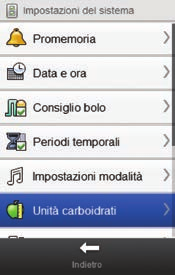 7.17 Unità di misura dei carboidrati È possibile selezionare differenti unità di misura per i carboidrati (grammi, BE, KE o CC).