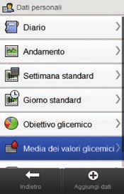 11 11.7.2 Visualizzazione della tabella della media dei valori glicemici Menu principale > Dati personali > Media dei valori glicemici 1 2 Nel menu principale selezionare Dati personali.