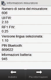 14.10 Informazioni del misuratore Queste informazioni sono primariamente per l assistenza tecnica e possono essere eventualmente richieste dal personale del servizio assistenza.