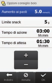 2 18 Impostare Aumento ai pasti, Limite snack, Tempo di azione e Tempo di attesa. Selezionare OK per completare la configurazione guidata.