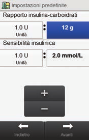 6 Menu principale > Impostazioni > Consiglio bolo 1 2 3 4 Nel menu principale selezionare Impostazioni. Selezionare Consiglio bolo.