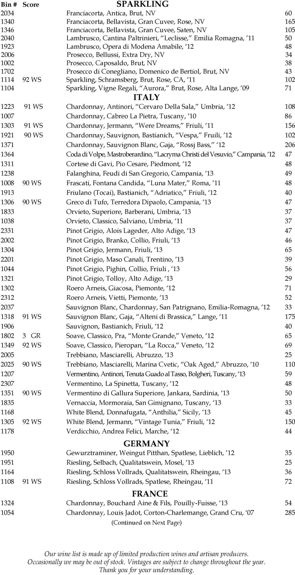 Conegliano, Domenico de Bertiol, Brut, NV 43 1114 92 WS Sparkling, Schramsberg, Brut, Rose, CA, 11 102 1104 Sparkling, Vigne Regali, Aurora, Brut, Rose, Alta Lange, 09 71 ITALY 1223 91 WS Chardonnay,