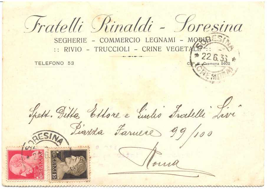 Cartolina postale del 22 giugno 1933 per Roma,