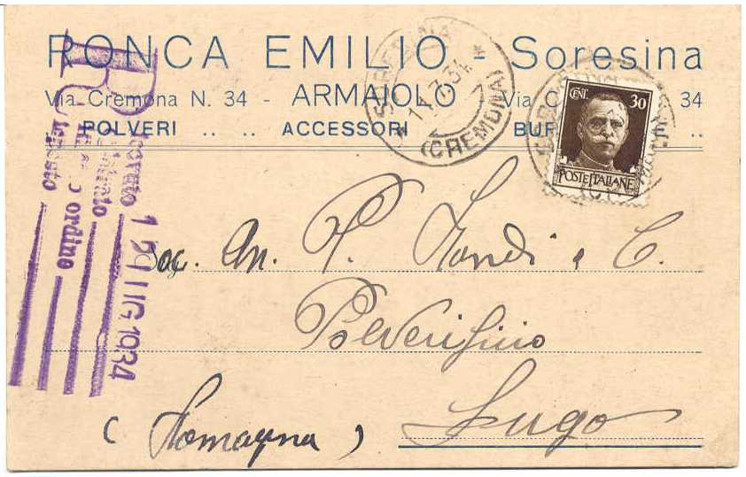 Cartolina postale del 7 marzo 1940 per Pizzighettone, affrancata con 30 cent. n.