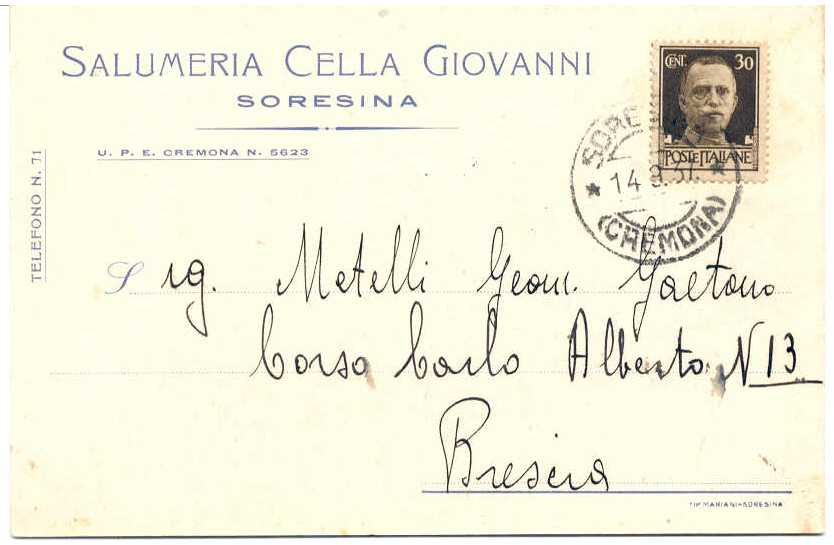 Cartolina postale del 25 giugno 1936 per Pizzighettone, affrancata con 30 cent. n.249.