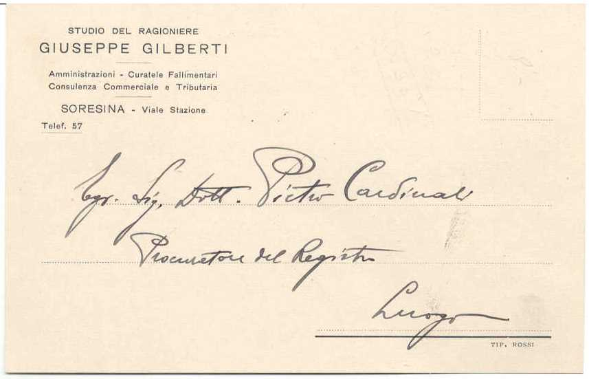 ATTIVITÀ PROFESSIONALI Cartolina postale del 15 giugno 1914 per Lonigo,