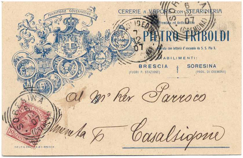 Cartolina postale del 16 novembre 1904 per Casalsigone, affrancata con 10 cent. n.71.