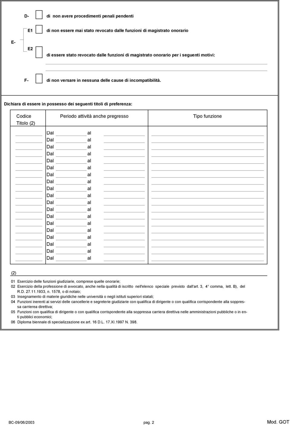 Dichiara di essere in possesso dei seguenti titoli di preferenza: Codice Periodo attività anche pregresso Tipo funzione Titolo (2) (obbligatorio) D D D D D D D D D D D D D D D D D D D (2) 01