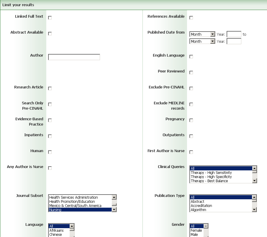 Cinahl I limiti Entrando nella banca dati