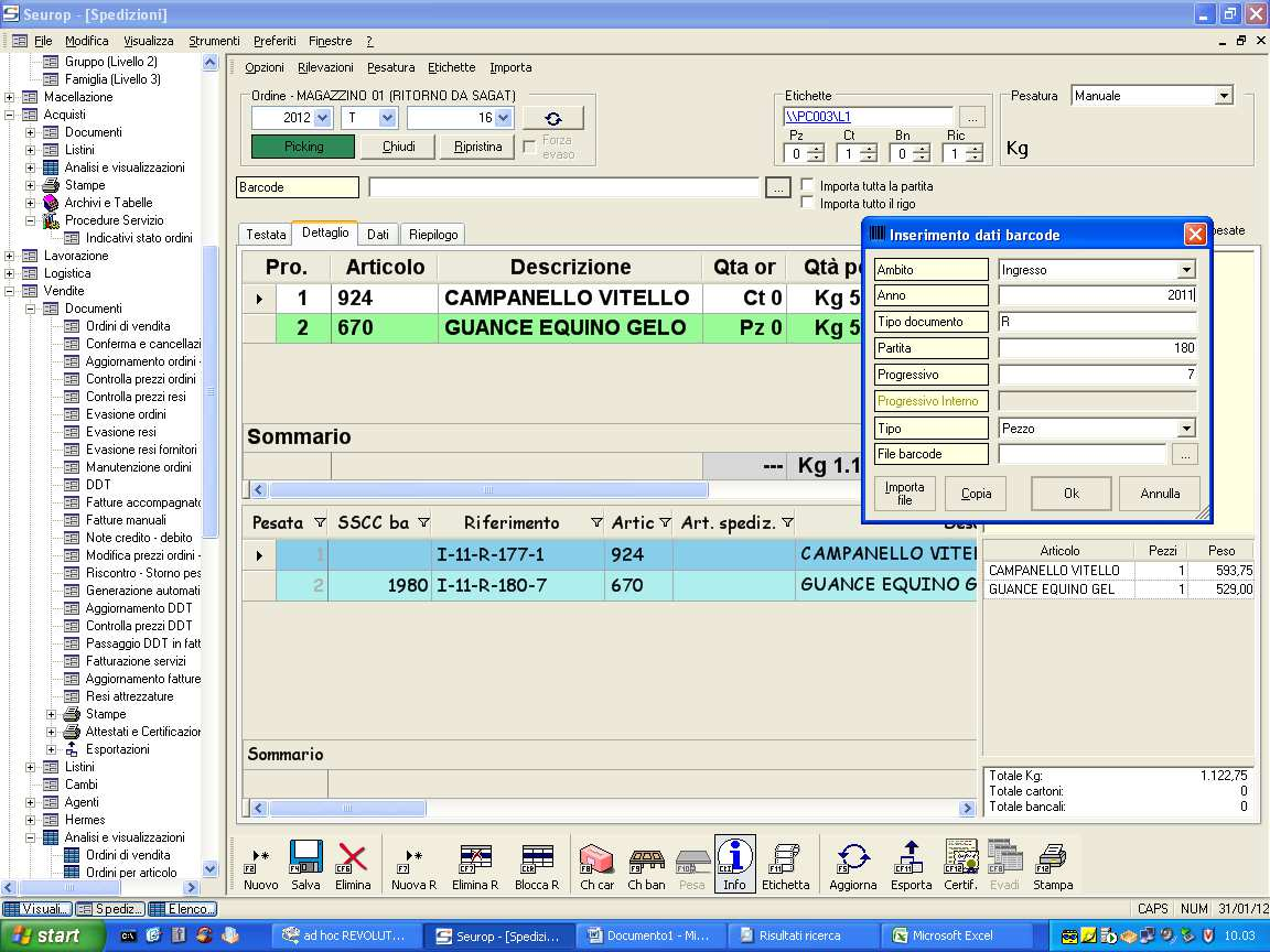 Si apre la finestra delle spedizioni Sulla linea del Barcode premere i Per inserire manualmente i dati del bancale Si ricopiano i dati del bancale dall etichetta della scheda Controllare che nella