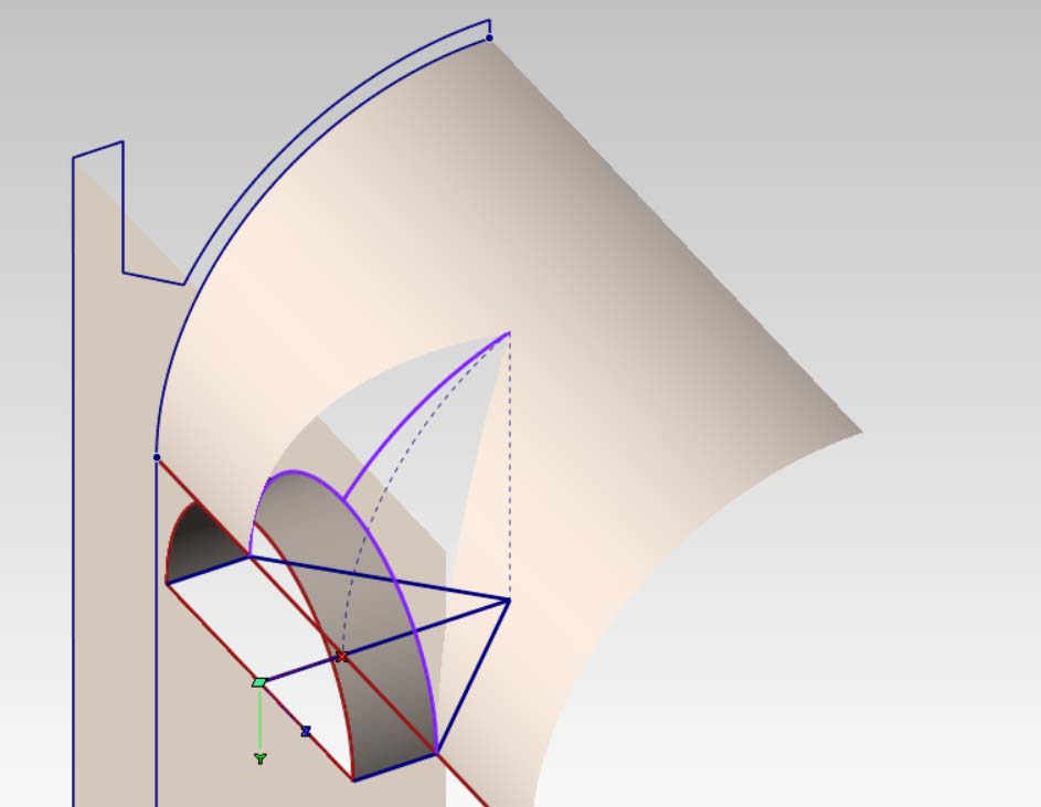 e. Creazione della superficie di intradosso dell arco. f.