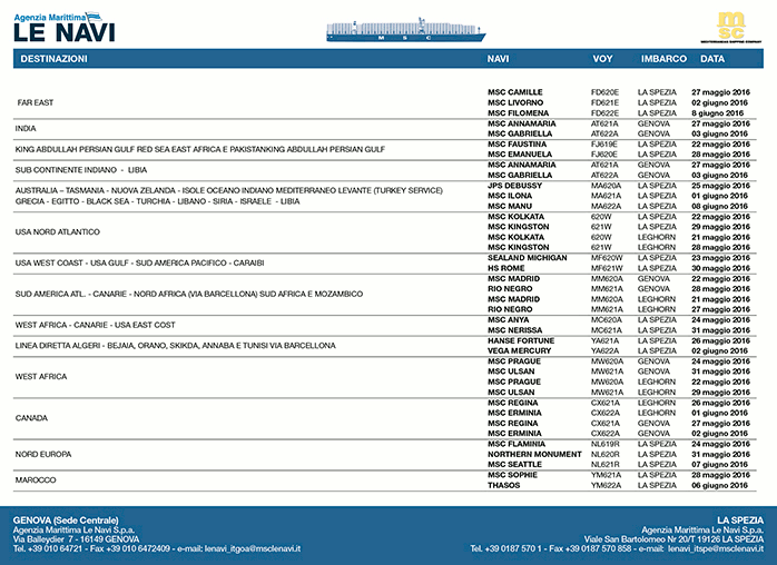 05/06 Msc Fabienne (Mediterranean Shipping Co. S.A.) via Cristobal per (Manzanillo (Messico)), Long Beach, Oakland, Seattle, Vancouver.