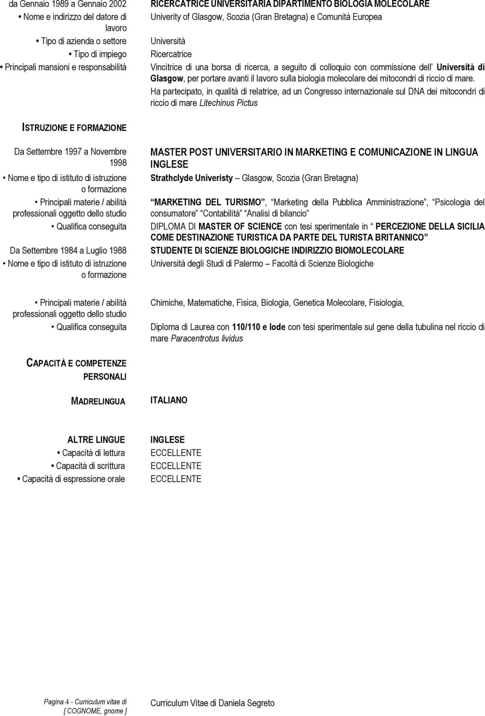 Ha partecipato, in qualità di relatrice, ad un Congresso internazionale sul DNA dei mitocondri di riccio di mare Litechinus Pictus ISTRUZIONE E FORMAZIONE Da Settembre 1997 a Novembre 1998 Nome e