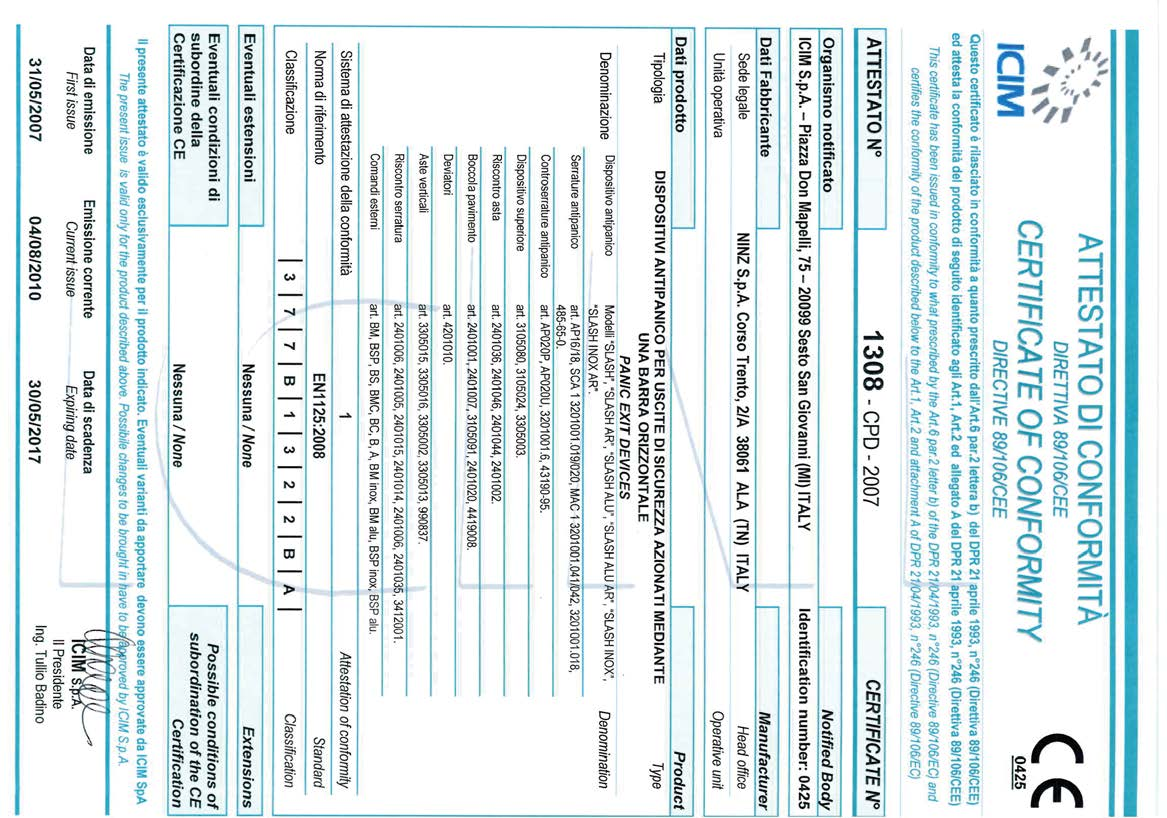 SLASH - Caratteristiche, certificazioni Maniglione antipanico CARATTERISTICHE - Maniglione antipanico che si distingue dagli altri per il particolare design e le forme arrotondate dei carter.