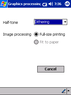 Stampa di dati da un Pocket PC 3 Scegliere. Verranno applicate le impostazioni della stampante. Impostazioni di elaborazione grafica 1 Scegliere Grafica nella schermata Anteprima di stampa.