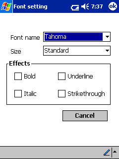 Impostazioni per il formato testo È possibile modificare il font e le dimensioni del testo stampato. 1 Scegliere Font nel menu Impostazioni della schermata Stampa le note.